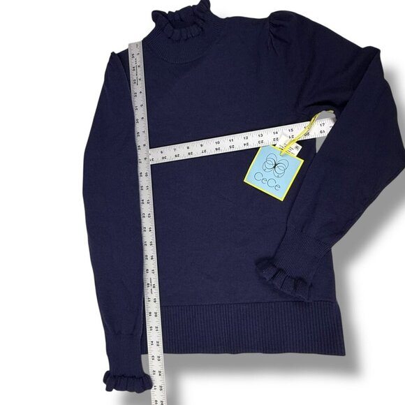 Cece Sweater Womens Sz M Classic Navy Ruffle Trim Mock Neck Pullover Academia NW - Picture 8 of 12